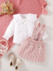 嬰兒荷葉袖誇大領口襯衫和格紋印花背帶半身裙 - 彩色 - 查看 3