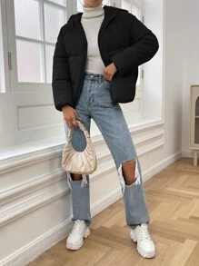 SHEIN EZwear Casual Plain Color Hooded Winter Jacket, Versatile Design - Black - View 3