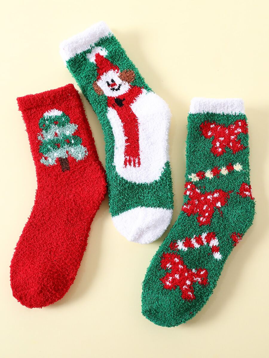 3pairs Christmas Snowman & Tree Pattern Fuzzy Crew Socks - Multicolor - View 1