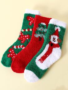 3pairs Christmas Snowman & Tree Pattern Fuzzy Crew Socks - Multicolor - View 2