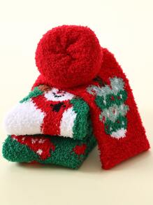 3pairs Christmas Snowman & Tree Pattern Fuzzy Crew Socks - Multicolor - View 3