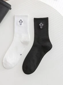 2pairs Men Cross Embroidered Crew Socks - Black and White - View 1