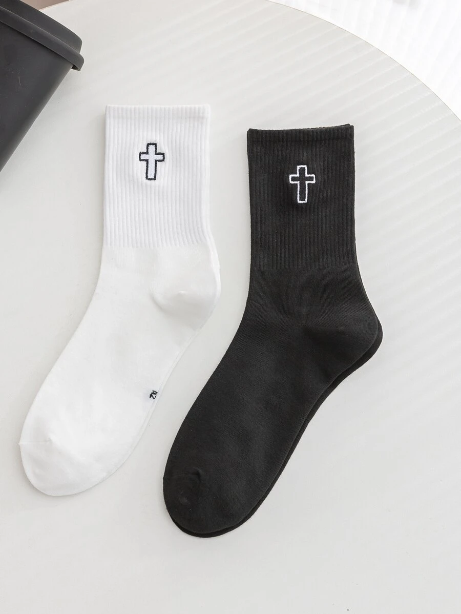 2pairs Men Cross Embroidered Crew Socks - Black and White - View 1