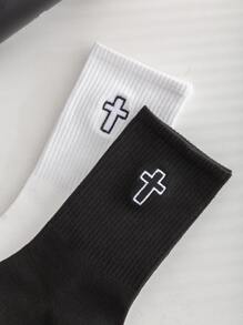 2pairs Men Cross Embroidered Crew Socks - Black and White - View 3