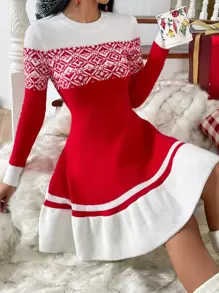 EMERY ROSE 幾何圖案撞色毛衣裙 - 紅色 - 查看 5