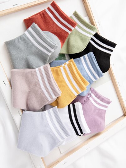 10 Pairs/20 Pairs Women's Striped Short Socks, All Season, Fall Socks