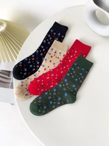 4 pares Calcetines de tripulación con estampado de árbol de Navidad - Multicolor - Ver 1