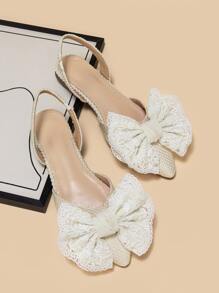 Bow Decor Point Toe Slingback Flats - Beige - View 1