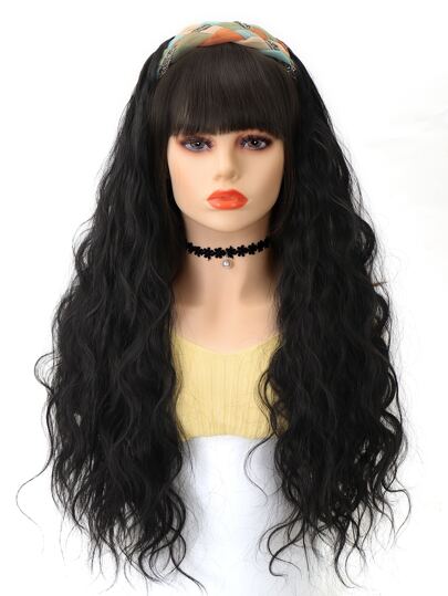 長款卷人造假髮帶劉海和頭巾