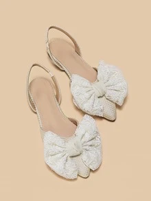 Bow Decor Point Toe Slingback Flats - Beige - View 2