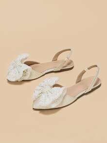 Bow Decor Point Toe Slingback Flats - Beige - View 4