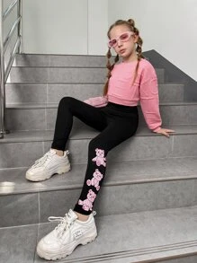 SHEIN Leap Crew Cô gái Tween In Gấu Flannel Xà cạp - màu đen - Xem 2