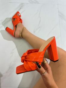 Knot Decor Chunky Heeled Mule Sandals - Orange - View 1
