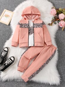 Young Girl Heart Embroidery Tee & Leopard Panel Zip Up Hoodie & Sweatpants - Baby Pink - View 1