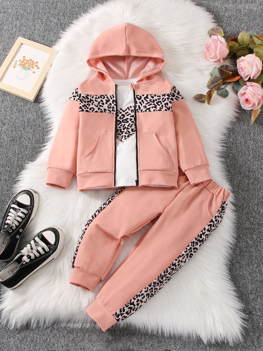 Young Girl Heart Embroidery Tee & Leopard Panel Zip Up Hoodie & Sweatpants - Baby Pink - View 1