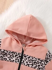 Young Girl Heart Embroidery Tee & Leopard Panel Zip Up Hoodie & Sweatpants - Baby Pink - View 4