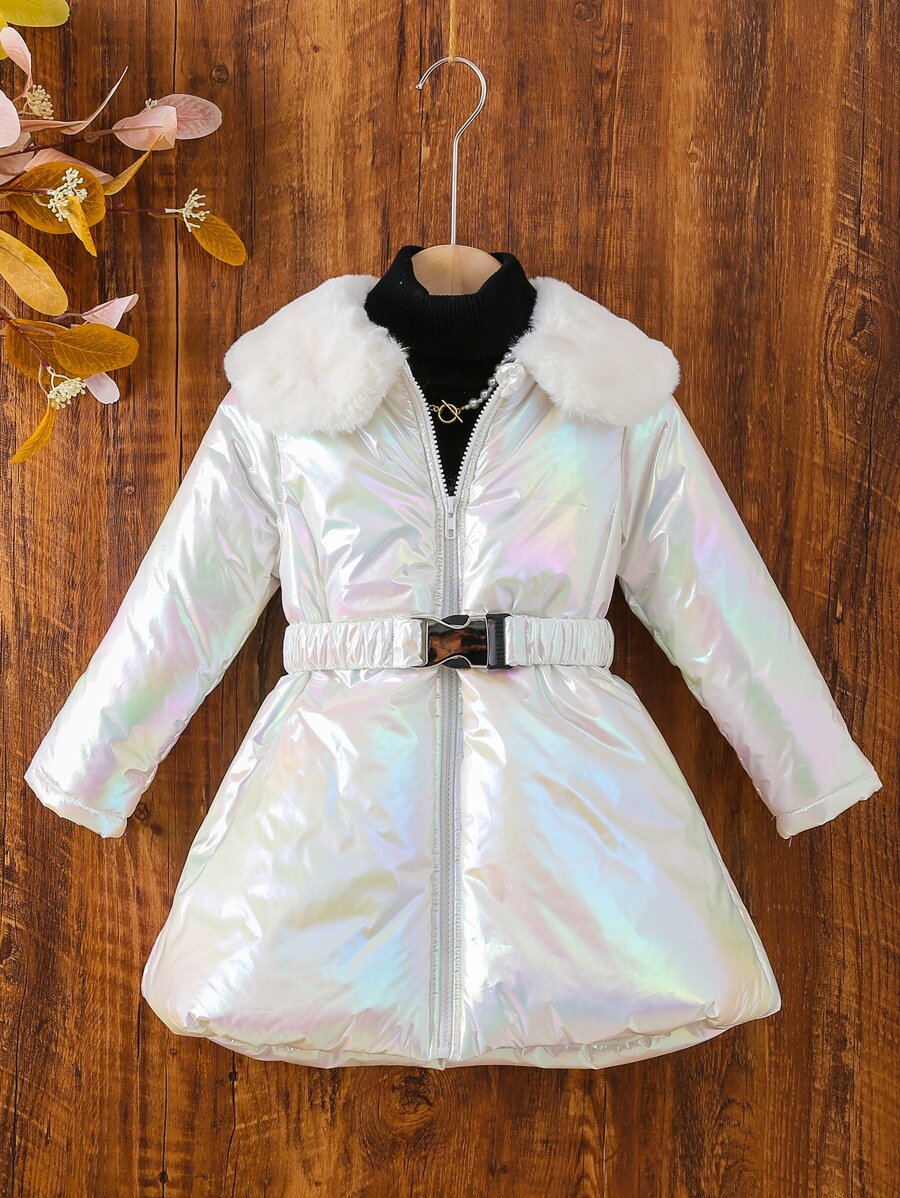 Young Girl Borg Collar Holographic Belted Padded Coat Without Sweater - White - View 1