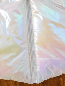Young Girl Borg Collar Holographic Belted Padded Coat Without Sweater - White - View 4