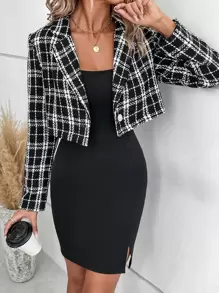 SHEIN Clasi Plaid Single Button Crop Blazer & Split Hem Dress - Black - View 1