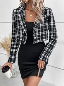 SHEIN Clasi Plaid Single Button Crop Blazer & Split Hem Dress - Black - View 5
