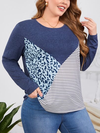 Plus Leopard & Striped Print Tee