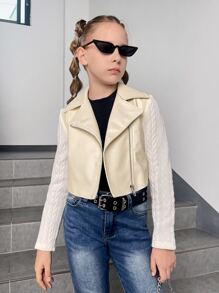 SHEIN Girls Zip Up PU Leather Moto Jacket - Apricot - View 2