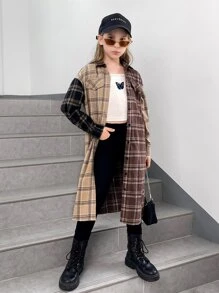 SHEIN Girls Tartan Print Drop Shoulder Colourblock Shirt - Multicolor - View 6