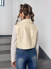 SHEIN Girls Zip Up PU Leather Moto Jacket - Apricot - View 3