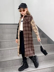 SHEIN Girls Tartan Print Drop Shoulder Colourblock Shirt - Multicolor - View 5