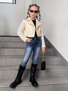 SHEIN Girls Zip Up PU Leather Moto Jacket - Apricot - View 4