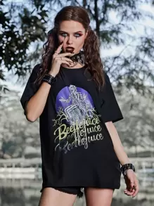 Beetlejuice | ROMWE Figure & Slogan Graphic Tee - Black - View 1