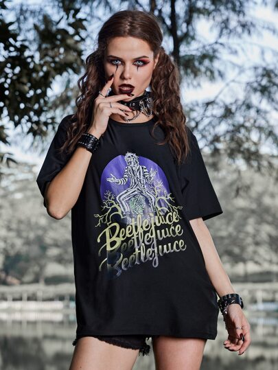 Beetlejuice | ROMWE Cartoon Figure And Letter Graphic Drop Shoulder Oversize Tee, School,Unisex