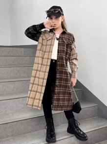 SHEIN Girls Tartan Print Drop Shoulder Colourblock Shirt - Multicolor - View 1