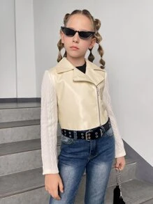 SHEIN Girls Zip Up PU Leather Moto Jacket - Apricot - View 5