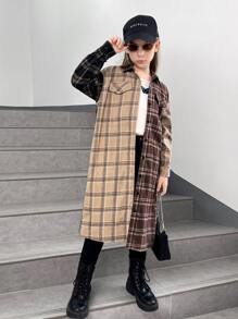 SHEIN Girls Tartan Print Drop Shoulder Colourblock Shirt - Multicolor - View 3