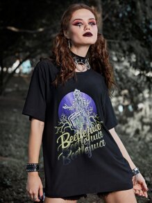 Beetlejuice | ROMWE Figure & Slogan Graphic Tee - Black - View 3