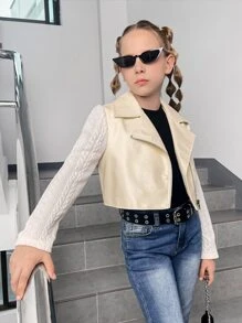 SHEIN Girls Zip Up PU Leather Moto Jacket - Apricot - View 1