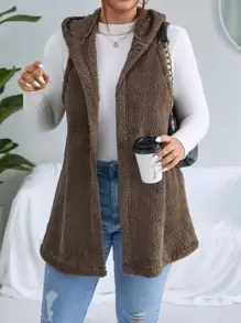 Calvaya Plus Hooded Open Front Teddy Vest Coat - Mocha Brown - View 1