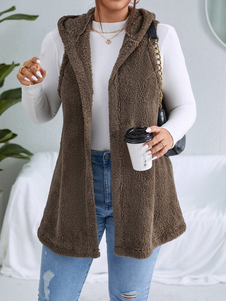 Calvaya Plus Hooded Open Front Teddy Vest Coat - Mocha Brown - View 1