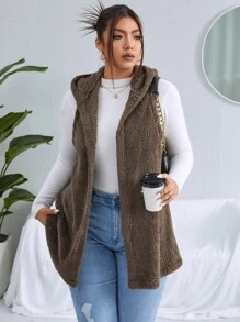 Calvaya Plus Hooded Open Front Teddy Vest Coat - Mocha Brown - View 4