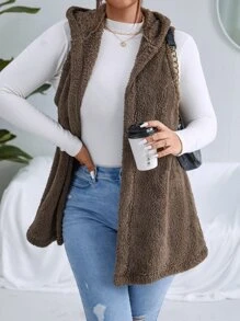 Calvaya Plus Hooded Open Front Teddy Vest Coat - Mocha Brown - View 5