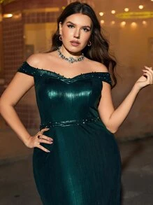 SHEIN Belle Plus Off Shoulder Mermaid Hem Metallic Dress - Dark Green - View 2