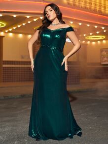 SHEIN Belle Plus Off Shoulder Mermaid Hem Metallic Dress - Dark Green - View 3