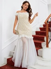 SHEIN Belle 大碼一字肩魚尾裙下擺蕾絲婚紗洋裝