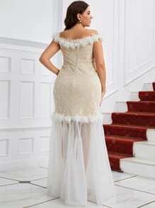 SHEIN Belle 大碼一字肩魚尾裙下擺蕾絲婚紗洋裝