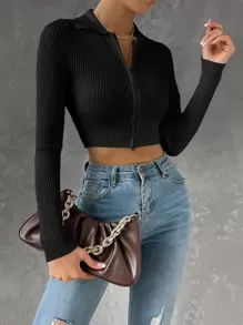 SHEIN Essnce Ribbed Knit Zipper Crop Cardigan,Long Sleeve Tops - Black - View 4