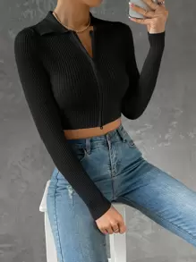 SHEIN Essnce Ribbed Knit Zipper Crop Cardigan,Long Sleeve Tops - Black - View 5