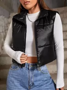 Chaleco corto con cremallera delantera, abrigo acolchado - Negro - Ver 1