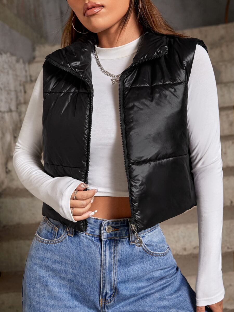 Chaleco corto con cremallera delantera, abrigo acolchado - Negro - Ver 1