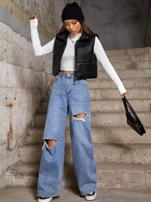 Chaleco corto con cremallera delantera, abrigo acolchado - Negro - Ver 3